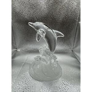 Vintage Clear Glass Jumping Dolphin on a Frosted Waves Base - 6 ½” Figurine
